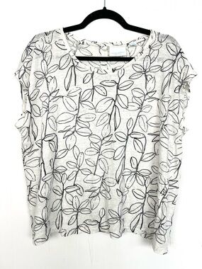 Cynthia Rowley 100% Linen Crop Top White Black Line Drawn Leaf Print XXL